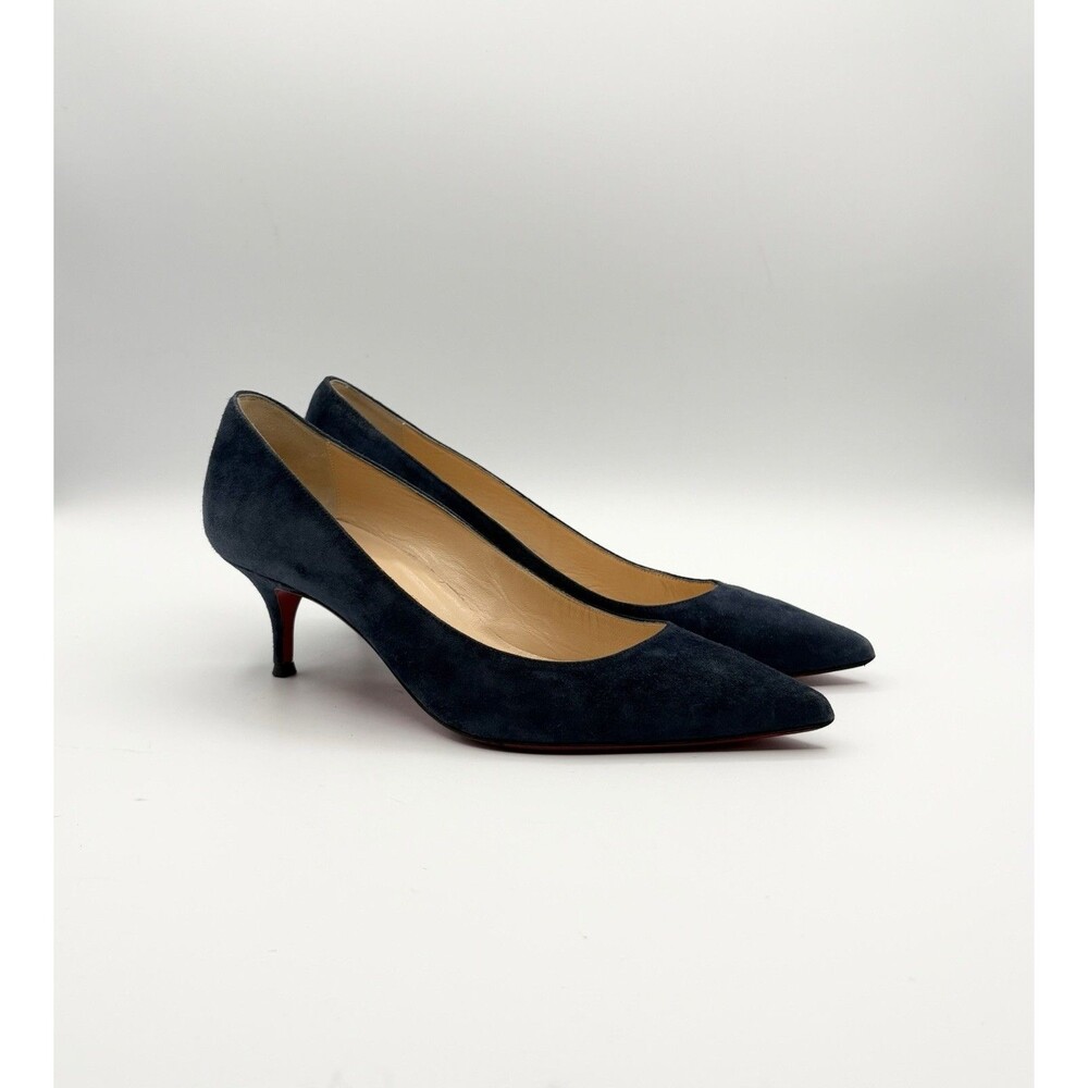 Christian Louboutin Kate 55 Navy Blue Suede Pointed Toe Kitten Heels Size EU 37